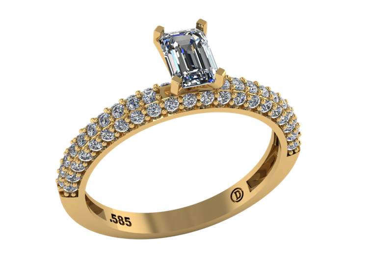 Anillo Con Diamante Esmeralda y Triple Hilera de Brillantes